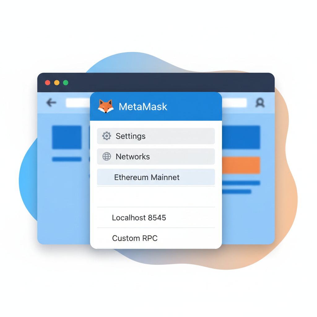 MetaMask popup showing network dropdown menu open with Settings and Networks highlighted
