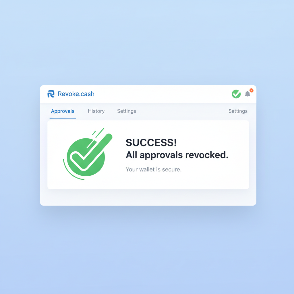 refreshed approvals list empty success on revoke.cash, green checkmarks, triumphant dashboard