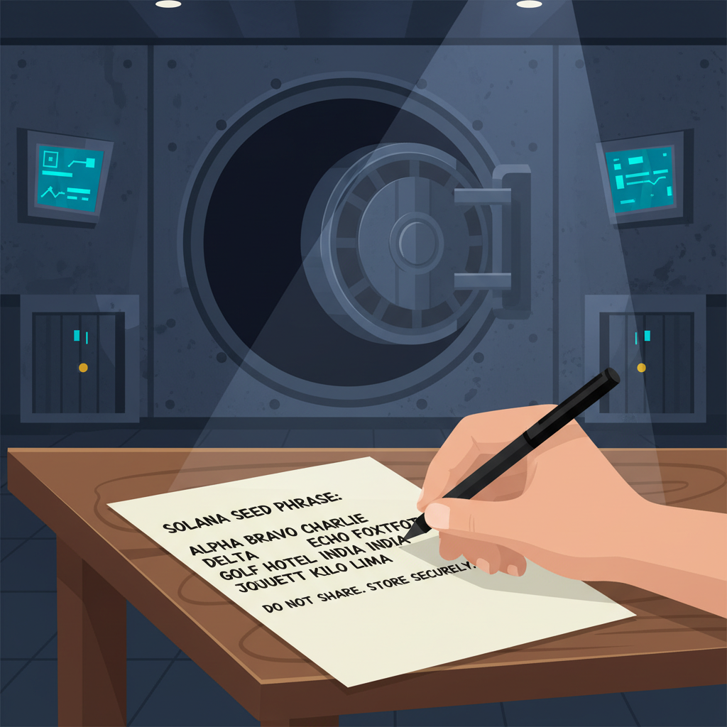 hand writing Solana seed phrase on paper securely, dark secure vault background, intense focus, crypto security theme