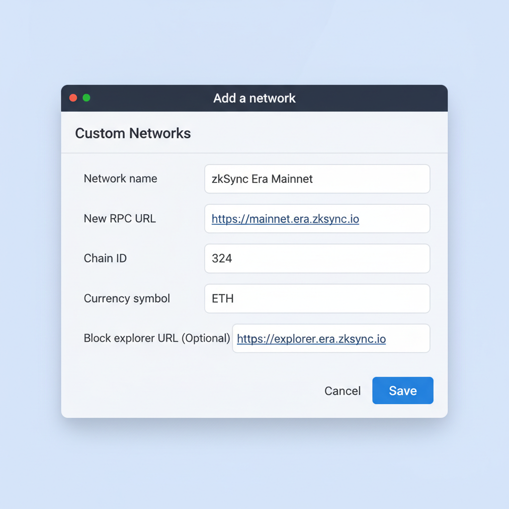 clean screenshot of MetaMask wallet adding custom RPC network for zkSync Era Mainnet with fields filled