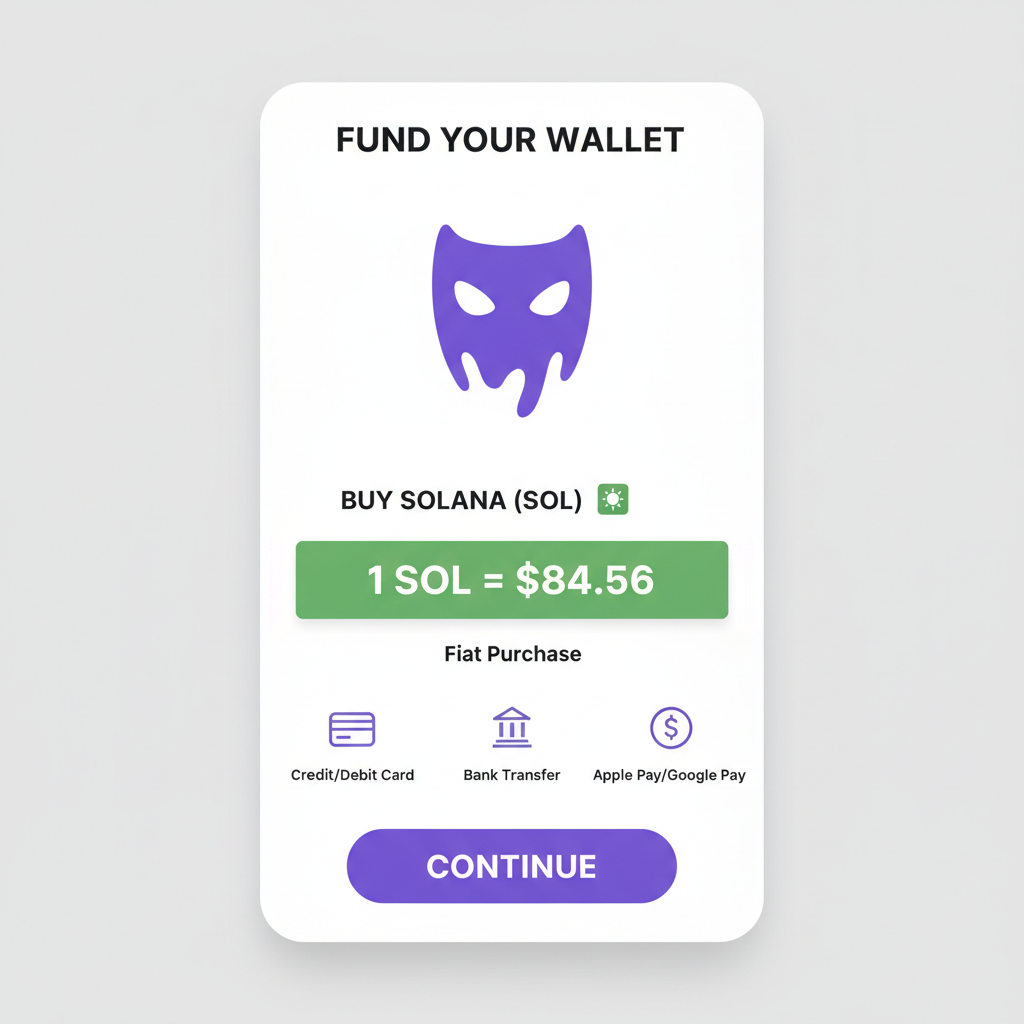 Phantom wallet funding screen showing SOL purchase with fiat options and price $84.56