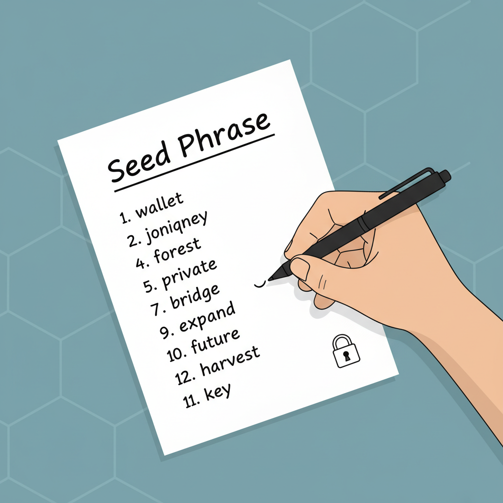 hand writing seed phrase on paper securely