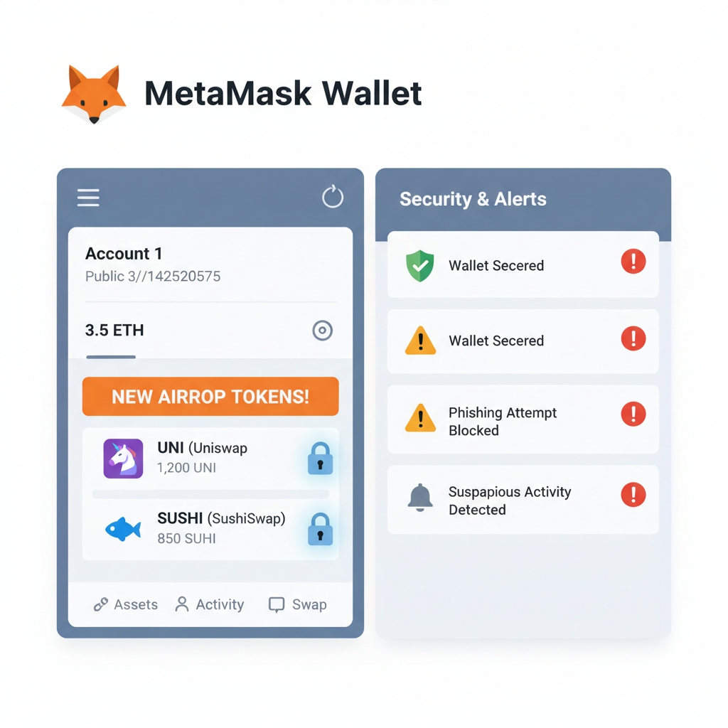 MetaMask wallet dashboard with new airdrop tokens, security lock icons, monitoring alerts --ar 16:9