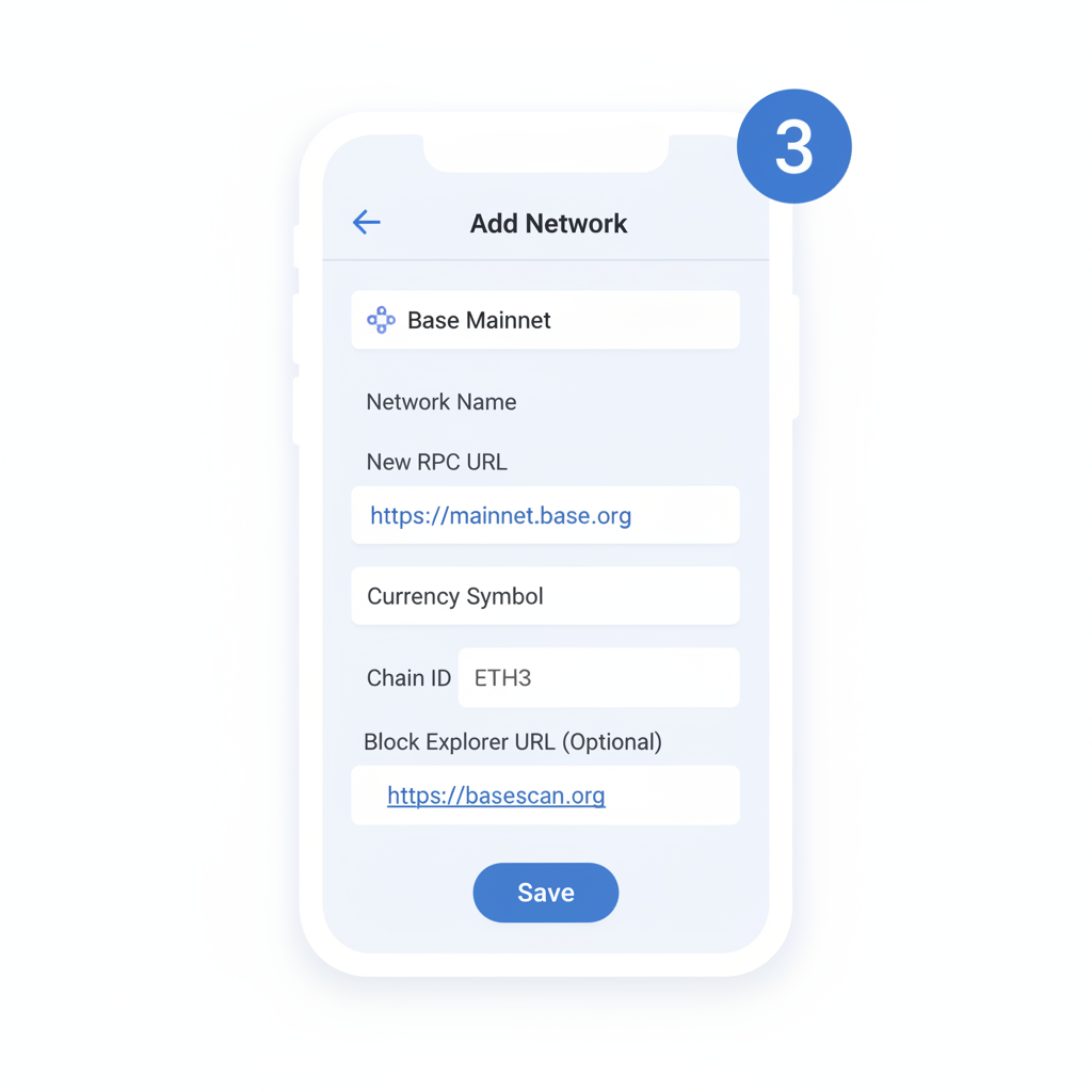 wallet settings screen adding Base network details, RPC URL visible