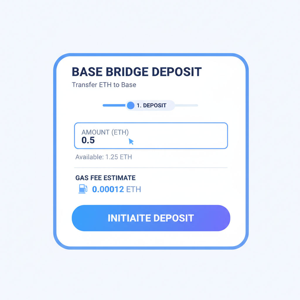 Base Bridge deposit form with ETH amount input field, gas fee estimate displayed