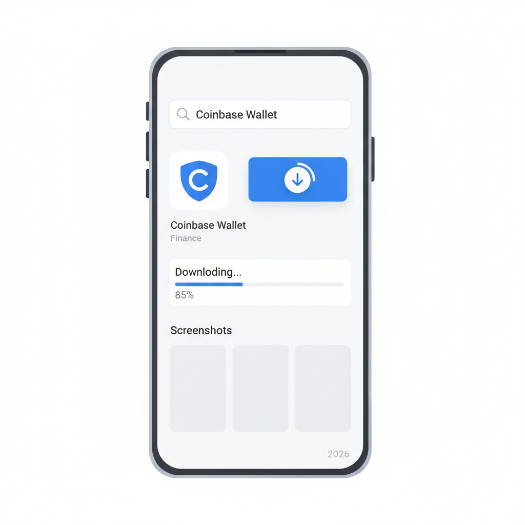 mobile screen downloading Coinbase Wallet app from app store, clean modern UI 2026 style