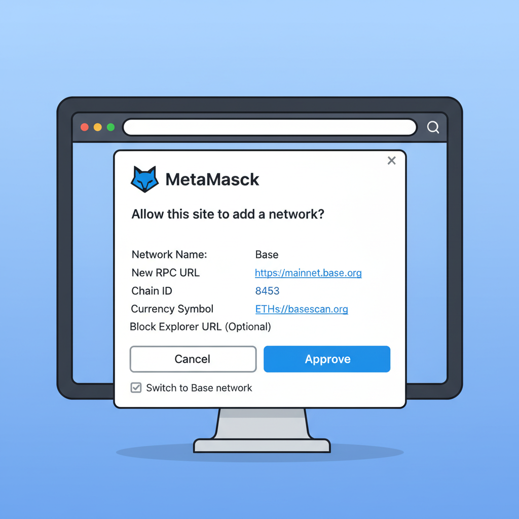 MetaMask approval popup for adding Base network with details visible