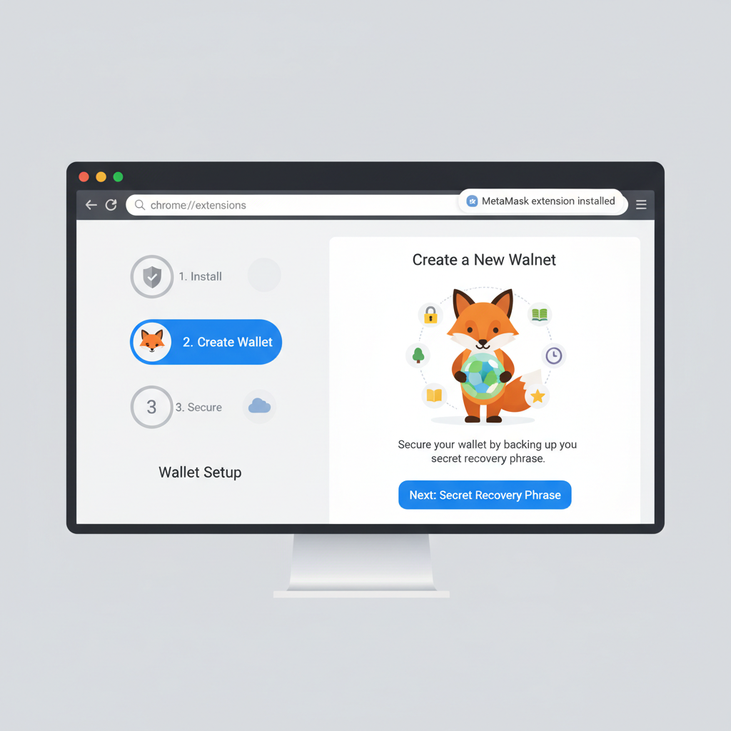 clean browser screen installing metamask extension, wallet creation prompt with seed phrase backup illustration