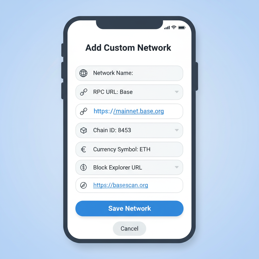 wallet app interface showing Base network addition form, simple icons, professional