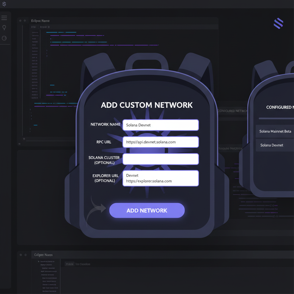 backpack wallet custom network add screen for eclipse, dark eclipse theme with solana elements