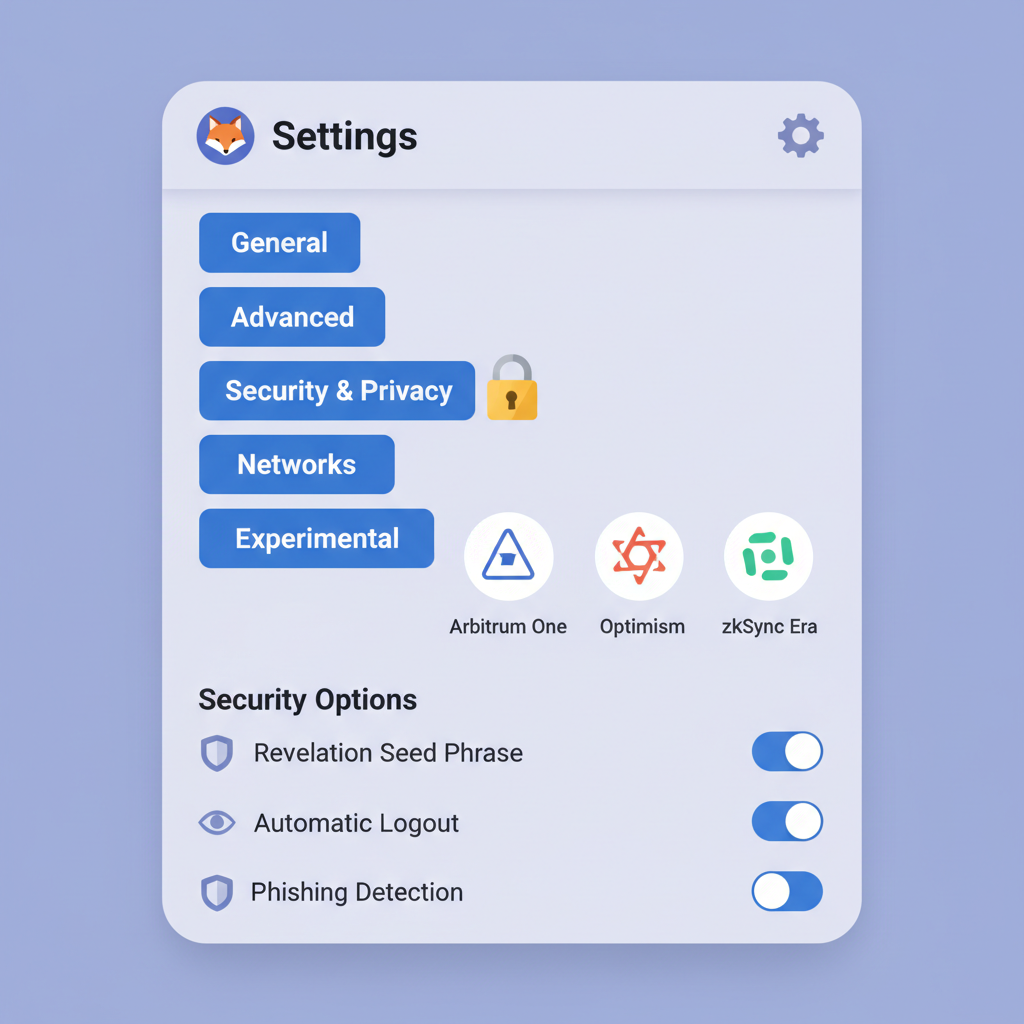MetaMask settings with security options, L2 network icons like Arbitrum Optimism, padlock