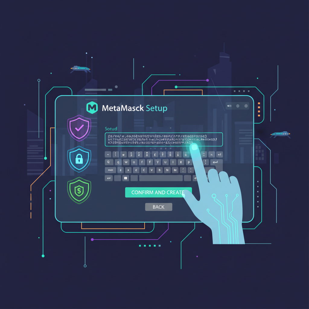 typing complex password into MetaMask setup screen, shield icons, cyberpunk style