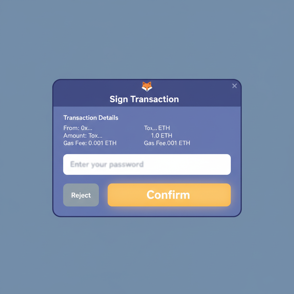 MetaMask signing transaction interface, password entry blurred, confirm button glowing --ar 16:9