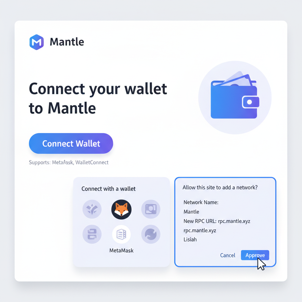 mantle.xyz homepage with MetaMask connect button and Add to MetaMask prompt
