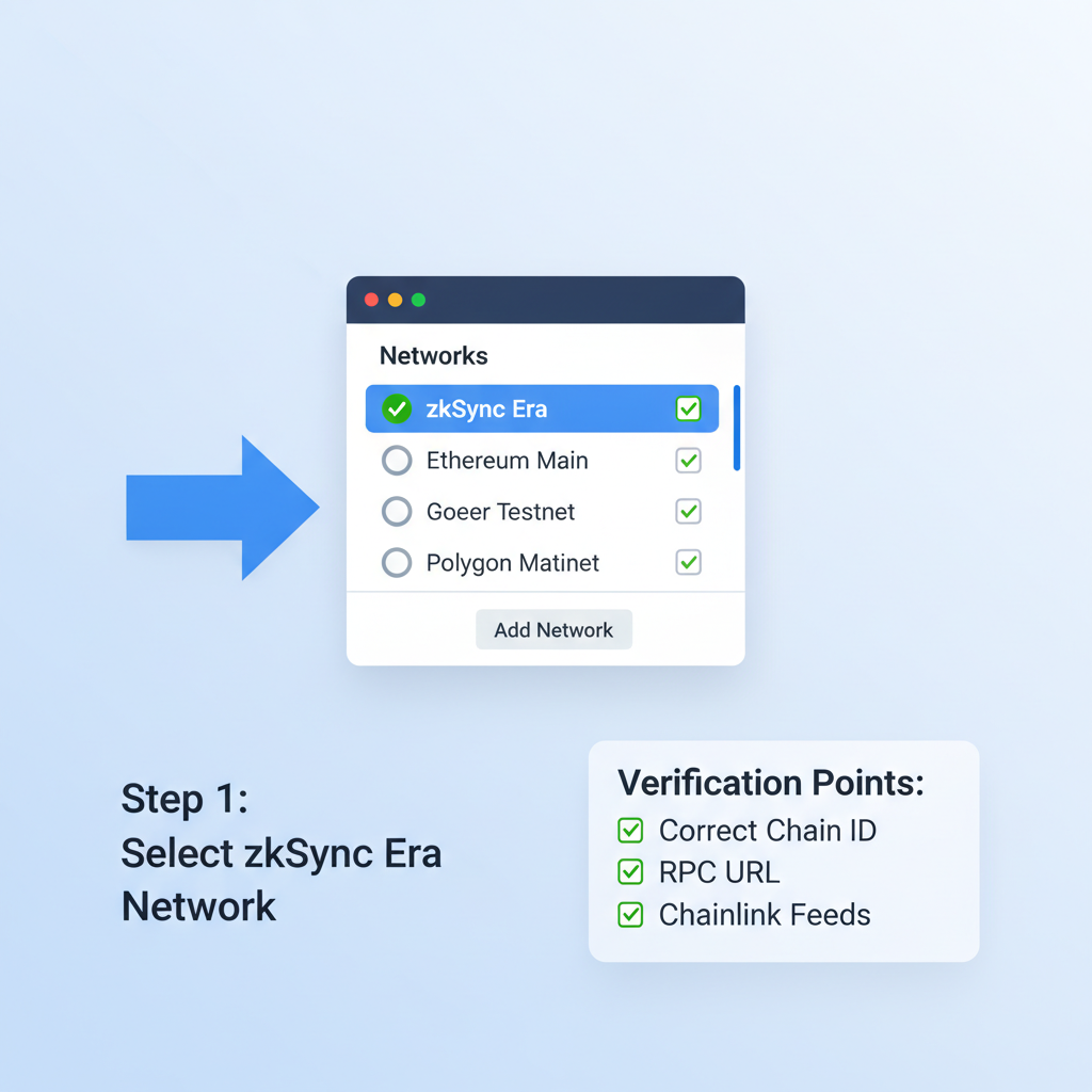 MetaMask network list with zkSync Era selected, checklist icons next to verification points