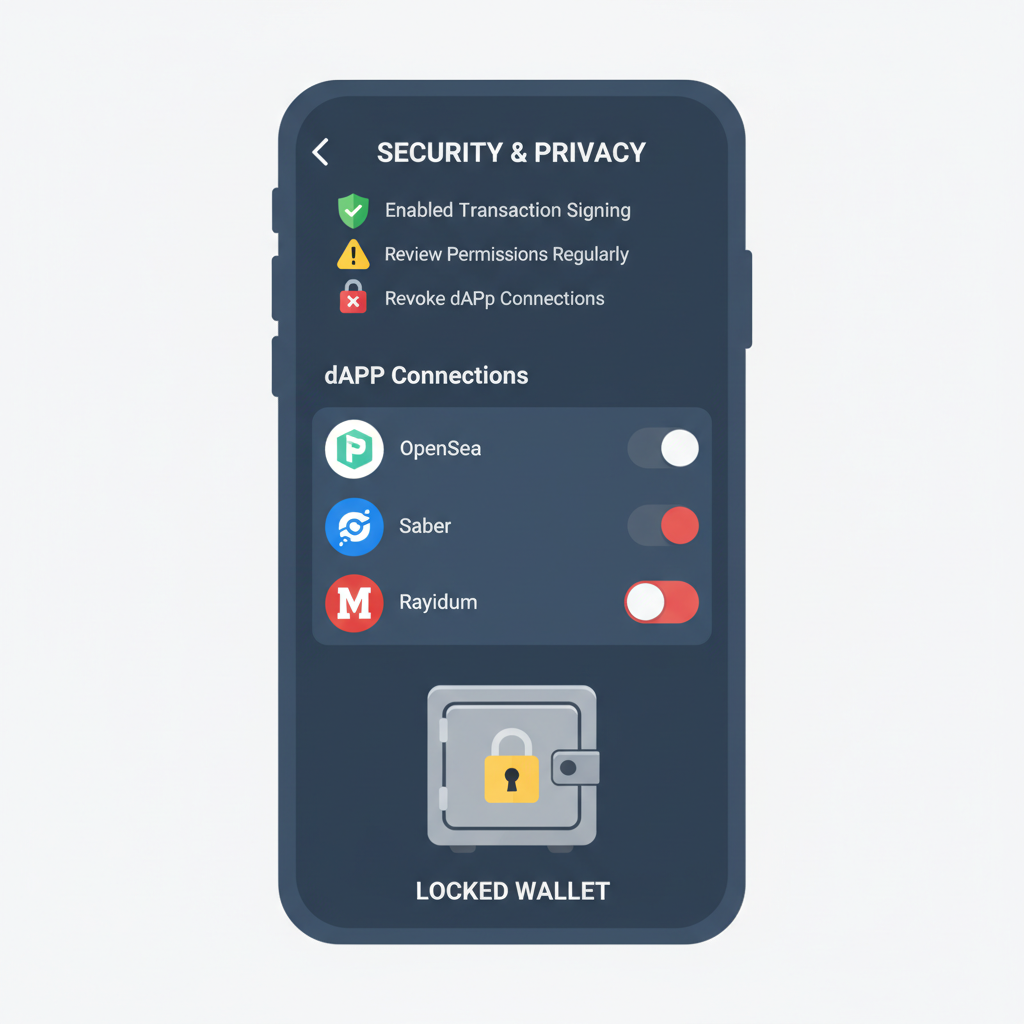 Phantom settings menu revoking dApp connections, security checklist icons, locked wallet safe