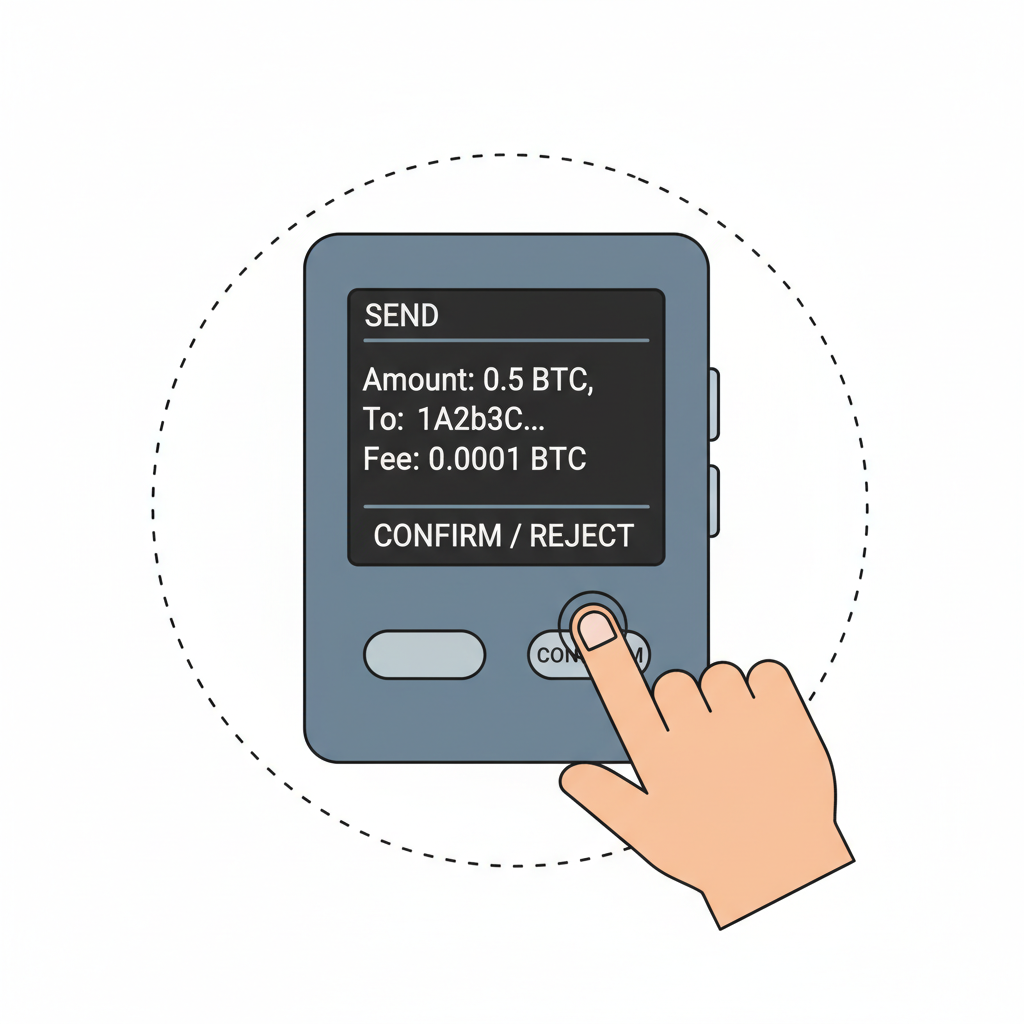 ledger device screen displaying transaction details, user finger on buttons