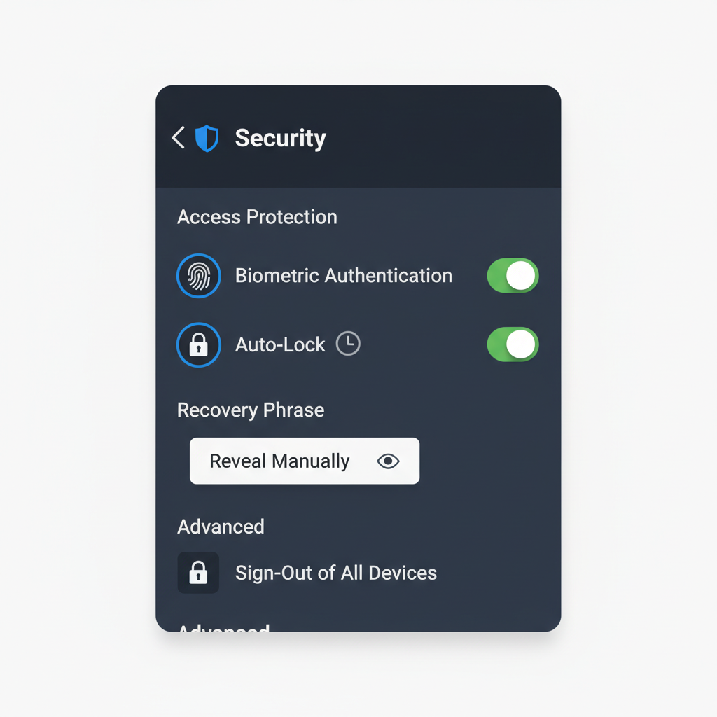 Coinbase Wallet security settings screen with biometrics and auto-lock enabled, shield icons