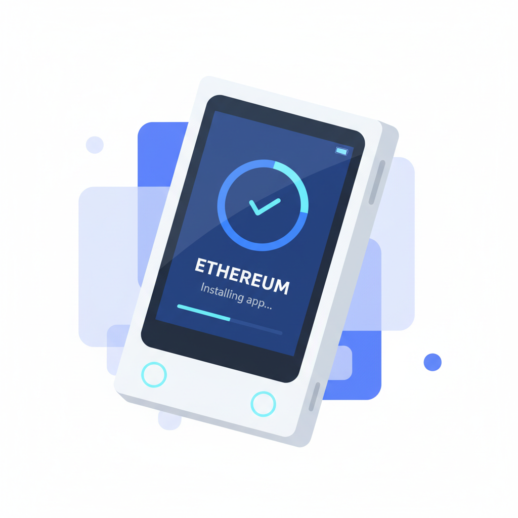 ledger nano device screen showing ethereum app install, clean tech style